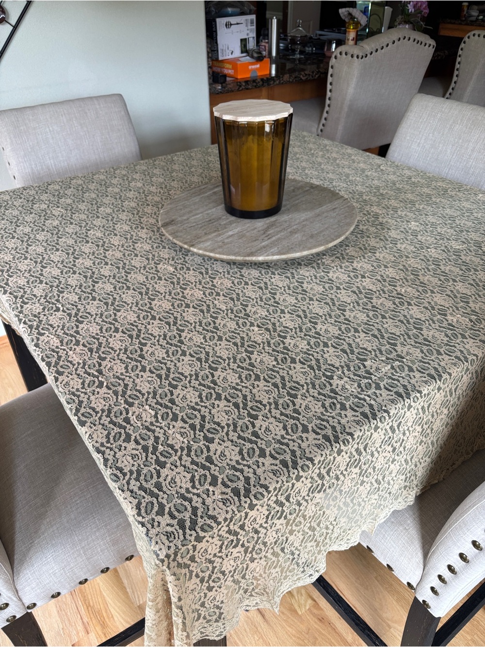 Vintage 70s Beige Lace Circular Tablecloth for Home Dining